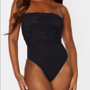 Pretty Little Thing Black Ruched Mesh Panelled Bardot Bodysuit